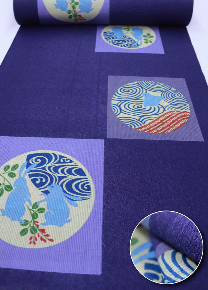 反物浴衣　ゆかた◆紺紫色・ウサギ・千鳥　綿◆【新古品】巾約39.0cm