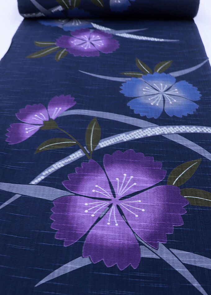 反物浴衣◇涼し気な変り織【新古品】濃紺地　撫子柄◆巾約37.5cm　※訳あり　ミミにうっすらヤケ、若干保管臭有※