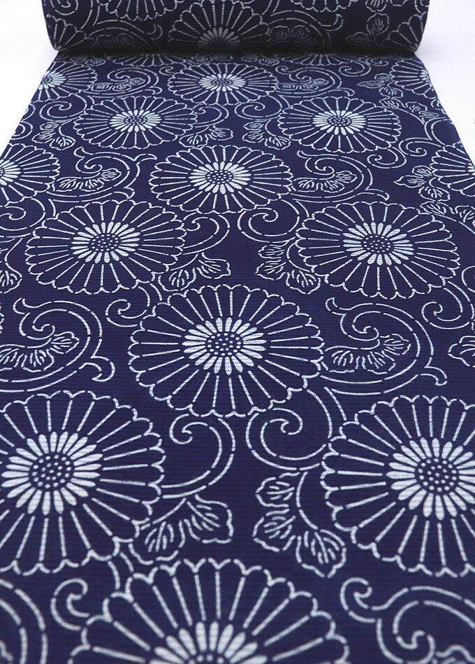 【訳アリ特価】無形文化財長板藍染◆高級浴衣　綿　反物◇【新古品】藍色　花更紗◆巾約36.0cm◆※訳アリ特価　画像参照（全体的うっすら茶シミ複数、染難有）※