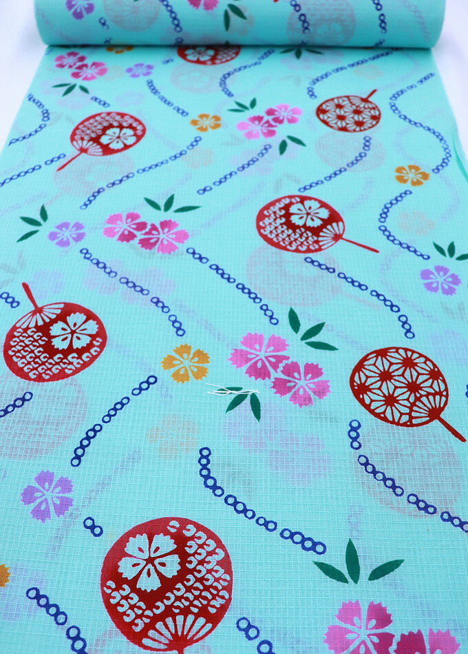 【夏すがた】こども浴衣　反物浴衣　変り織◇ミントグリーン地　うちわ・撫子【新古品】巾約38.0cm　※訳あり　若干保管臭有※