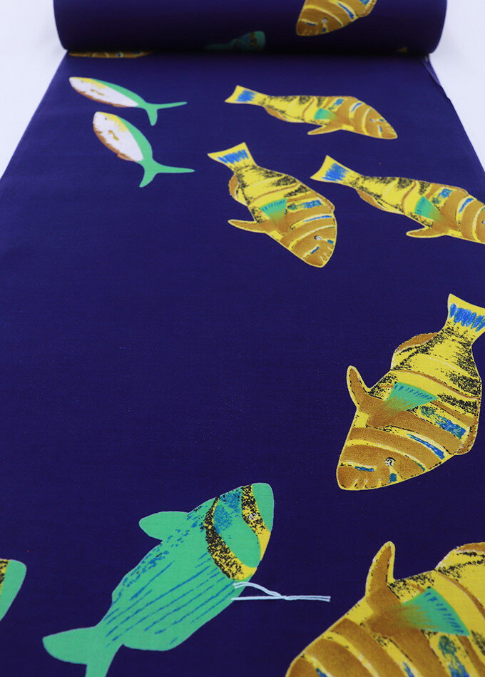 反物浴衣　ゆかた◆濃青色・ブルー　海の生き物・魚柄　綿◆【新古品】巾約38.0cm