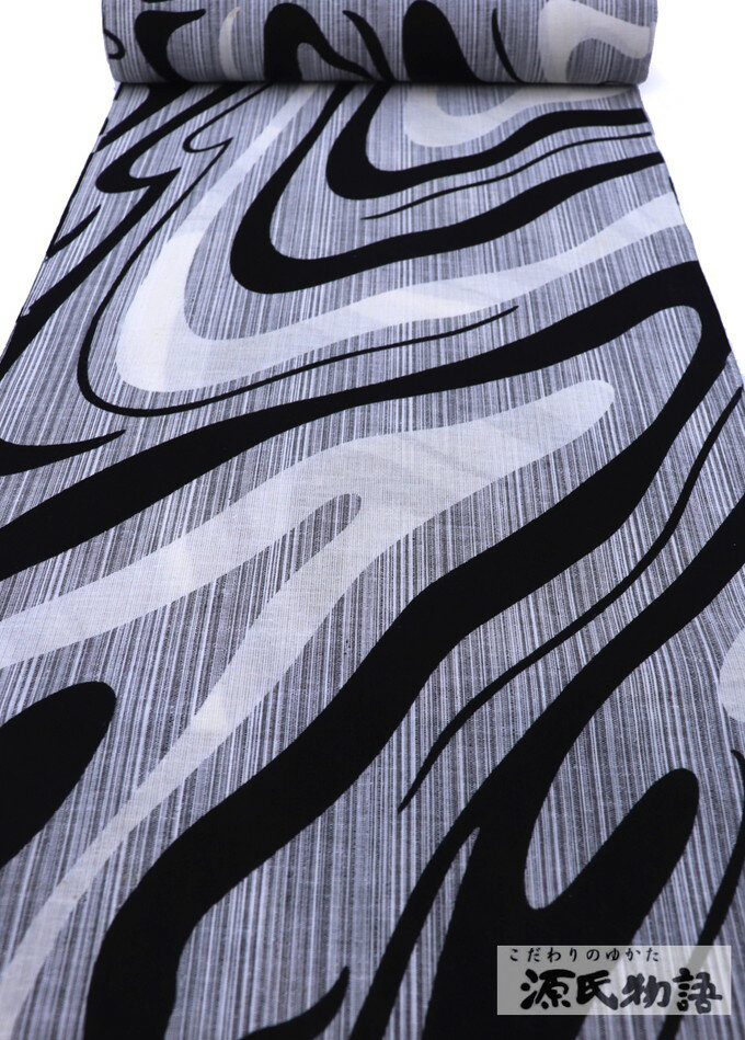 綿麻ゆかた反物浴衣◇グレー×黒地マ...