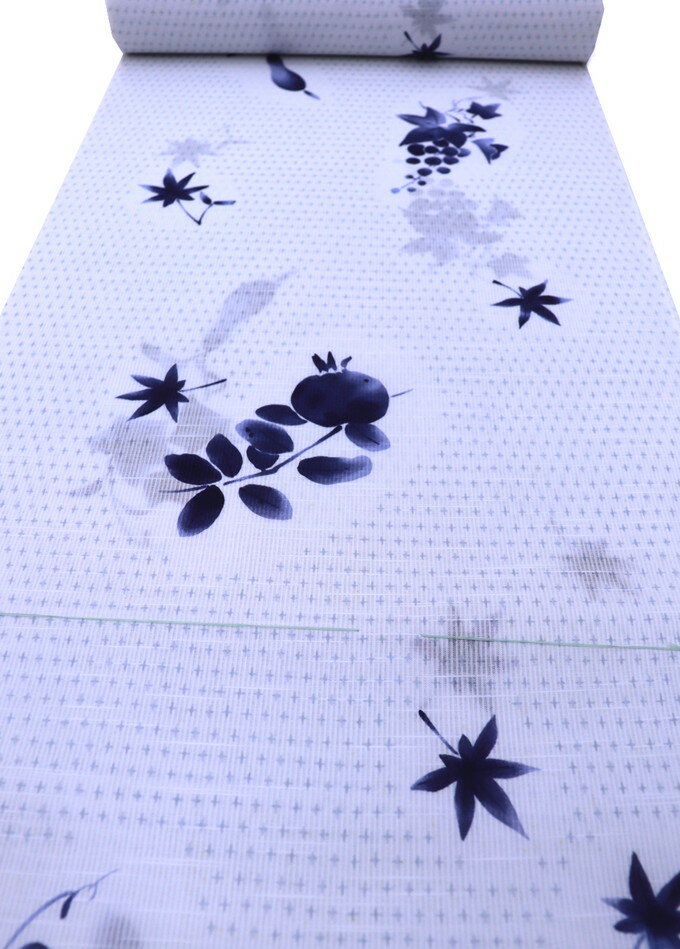 【花みつこ】反物浴衣◇白地×藍紺色　変わり織【新古品】巾約37.5cm　※若干訳アリ(画像参照)※