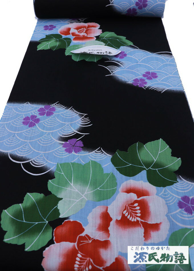 【源氏物語謹製】綿麻ゆかた◆反物浴衣◇【新古品】黒地　大花柄◇上品且つ華やか◆巾約38.0cm