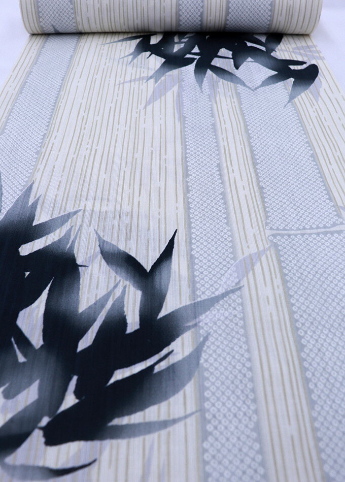 【井登美謹製】itomi ◆反物浴衣　涼し気な変り織◇白×グレー系　竹【新古品】巾約38.0cm