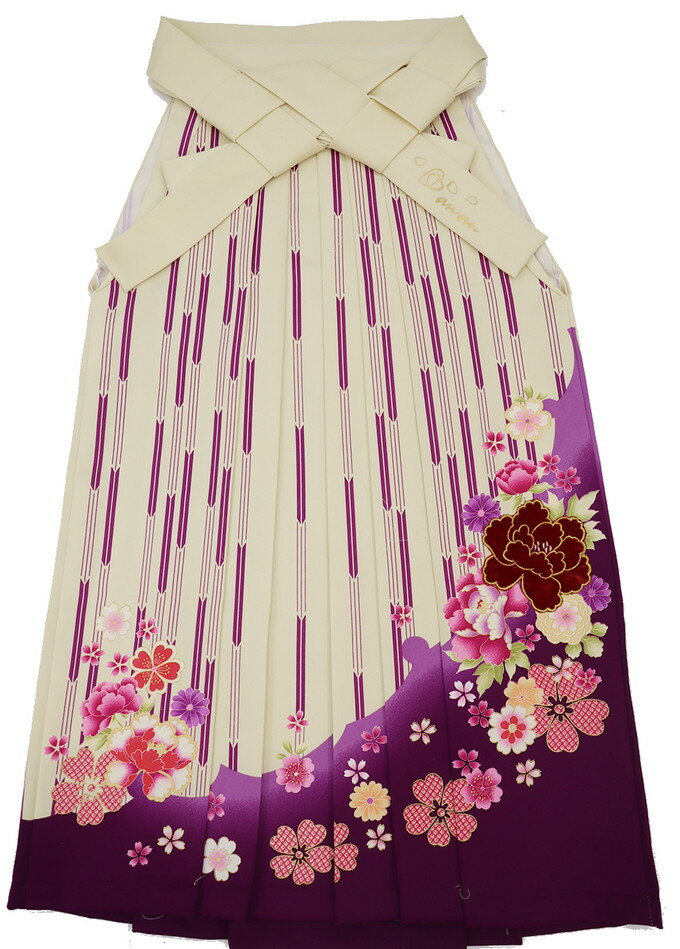 Pleated Skirt - 【小さめサイズ】女性袴/ポリ【中古】はいからさん◇【anan】薄クリーム色地×紫系　矢絣・花爛漫◆紐下約86cm