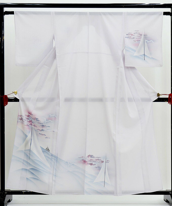 乐天商城 - 小さめサイズ【夏きもの】付下げ　着物【絽】◇中古品【状態ランクB】薄紫色系　カモメ・ヨット　ポリエステル◆リサイクル品【広衿・居敷当なし】