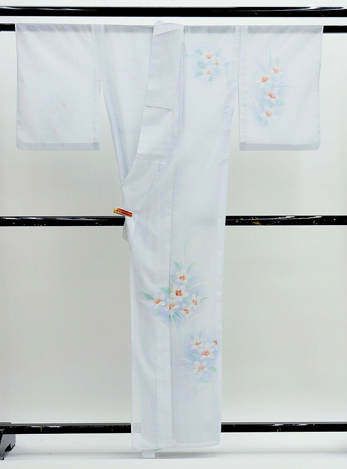 樂天商城 - 小さめサイズ【夏きもの】付下げ　着物【絽】◇中古品【状態ランクB】薄青色系　桔梗　ポリエステル◆リサイクル品【広衿・居敷当なし】
