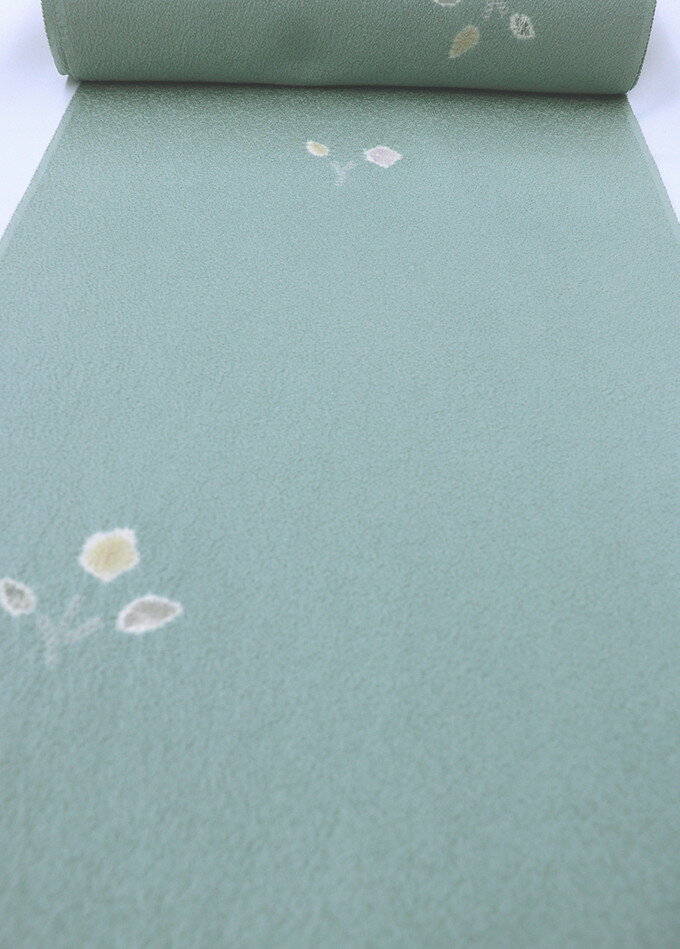 反物◇小紋　着尺　正絹◆万葉きもの【丹後ちりめん】青磁色（せいじいろ）系　飛び柄小紋　部分絞り　巾約36.5cm◆　※訳アリ　生地が経年劣化の可能性有　画像参照※