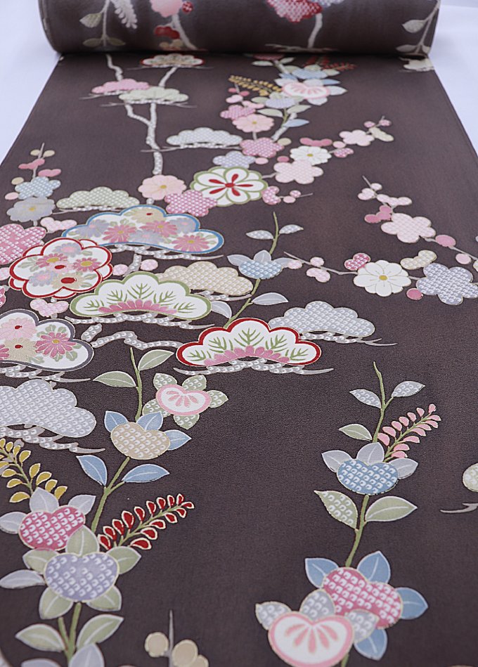 反物◇着尺◆正絹【丹後ちりめん】濃色 （こきいろ）系　橘・花爛漫◆幅約36.0cm