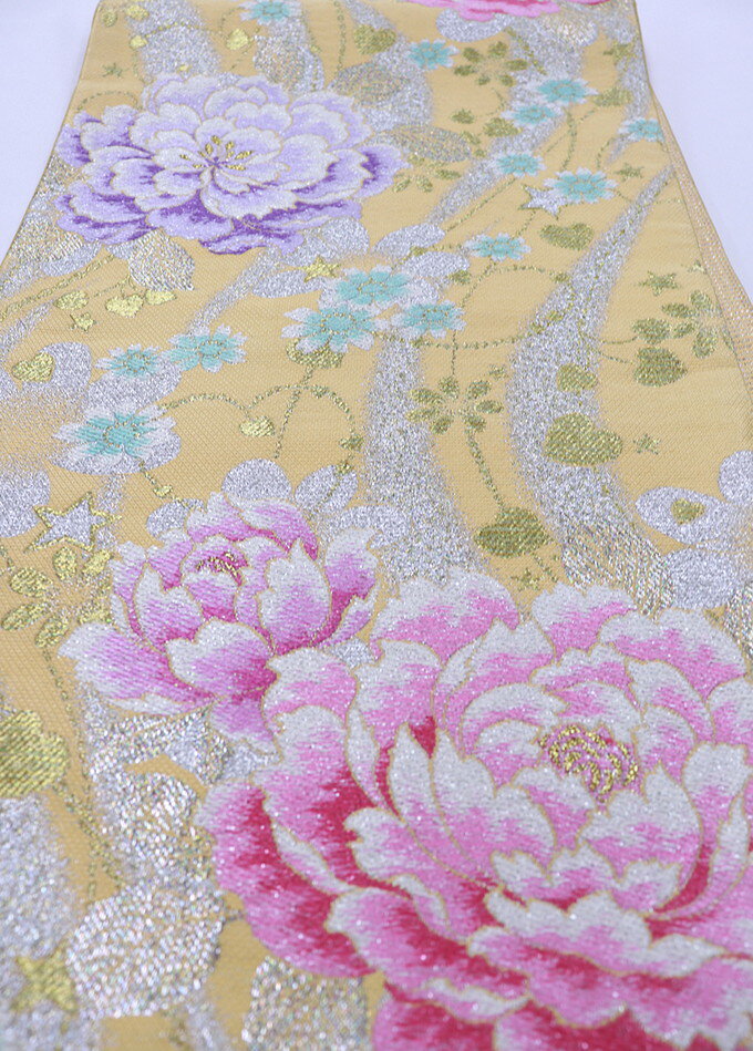 ◇振袖用　袋帯【中古】◇オレンジ系・ゴールド　大柄の花・ハート◇振袖用 リサイクル★柔らかめ