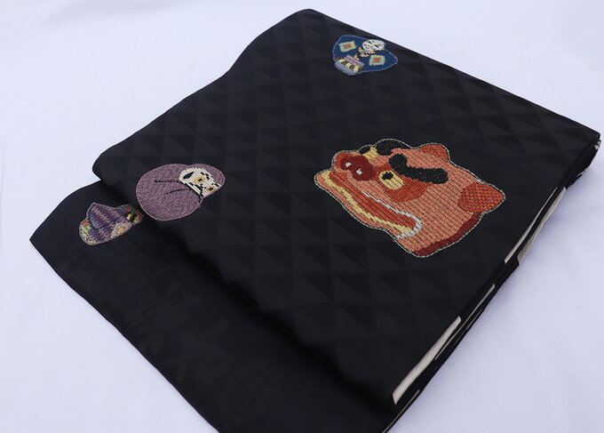 【訳あり特価】リサイクル袋帯◇【リサイクル品】正絹◆黒地・獅子 達磨 玩具柄◆柔らかめ 洒落帯◆※訳あり特価(画像参照)※