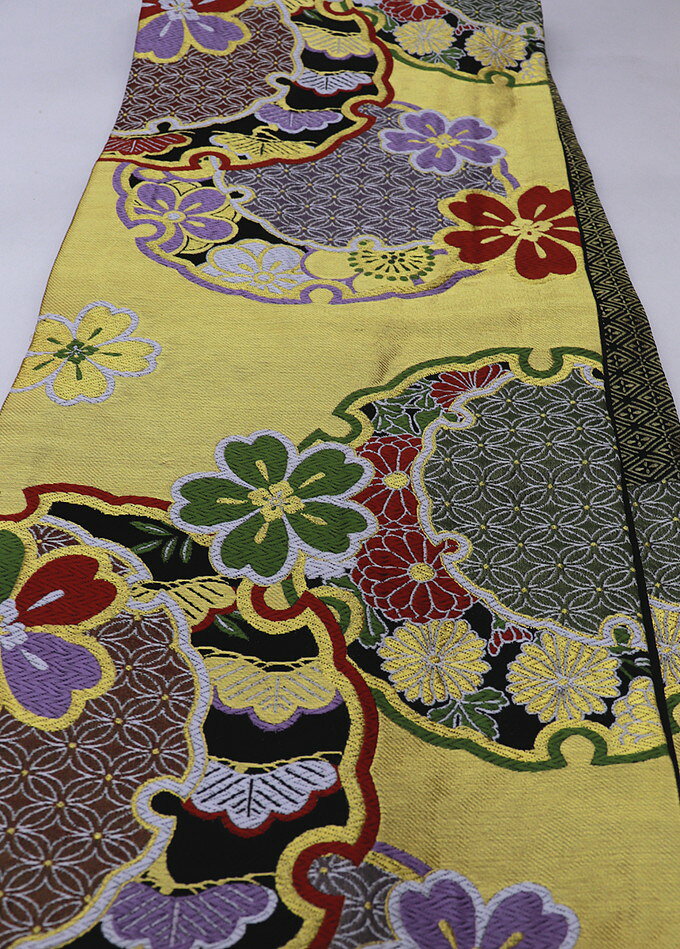 乐天商城 - ◇振袖用　袋帯【中古】◇ゴールド系・黒　雪輪・桜◇振袖用 リサイクル★柔らかめ(帯芯が入ってない感じがします)
