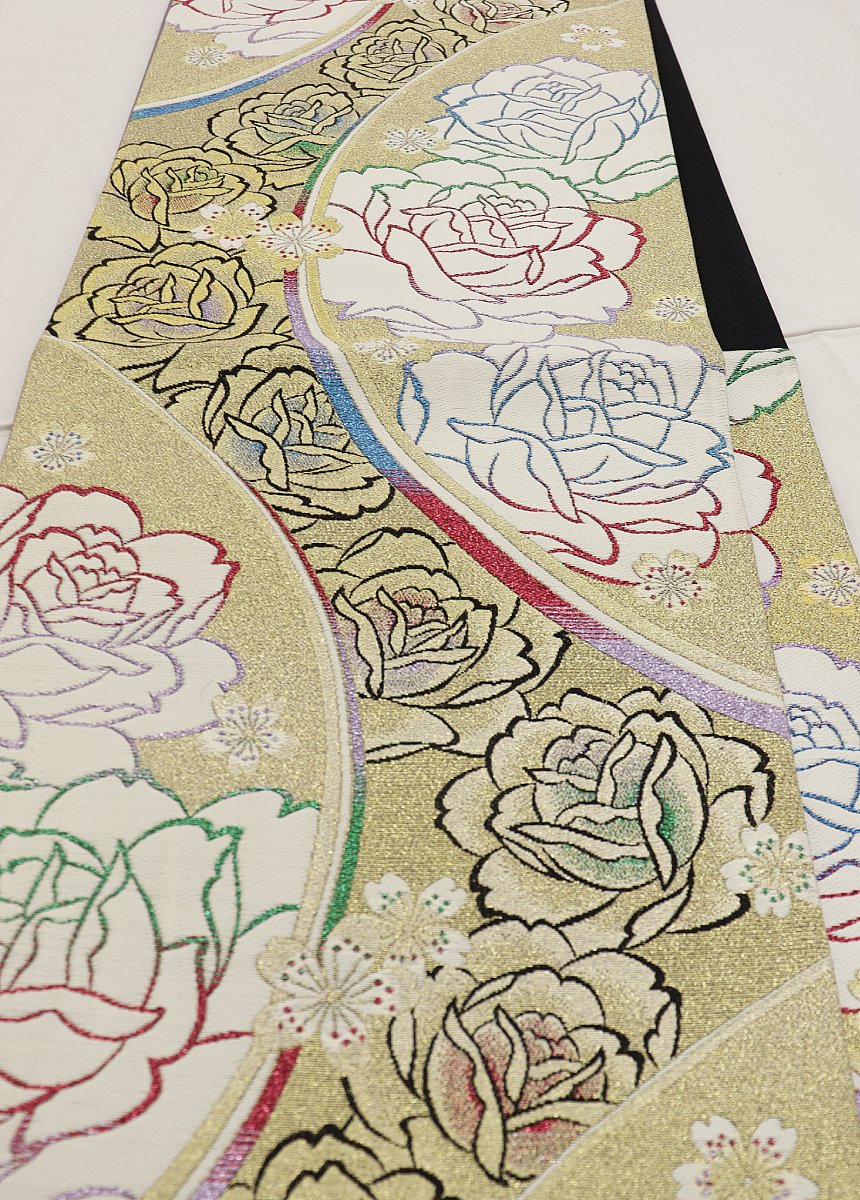 乐天商城 - ◇振袖用　袋帯【中古】マットゴールド系　薔薇　◇振袖用 リサイクル★柔らかめ
