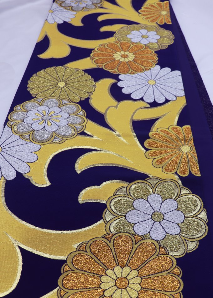 乐天商城 - ◇振袖用　袋帯【中古】◇ゴールド・濃い青系　菊　◇振袖用 リサイクル★柔らかめ(帯芯が入ってない感じがします)
