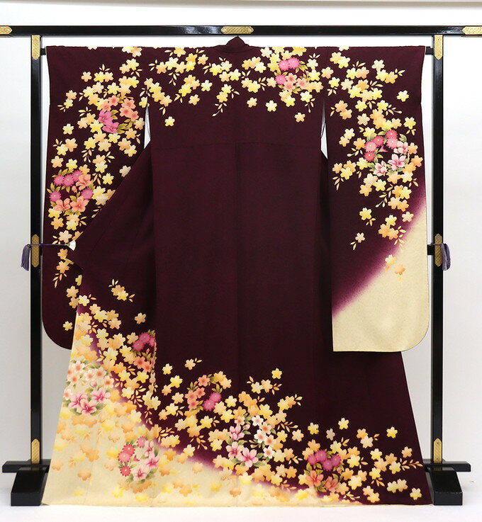 ◇振袖【中古】暗めの赤紫系 花爛漫【状態ランクB】