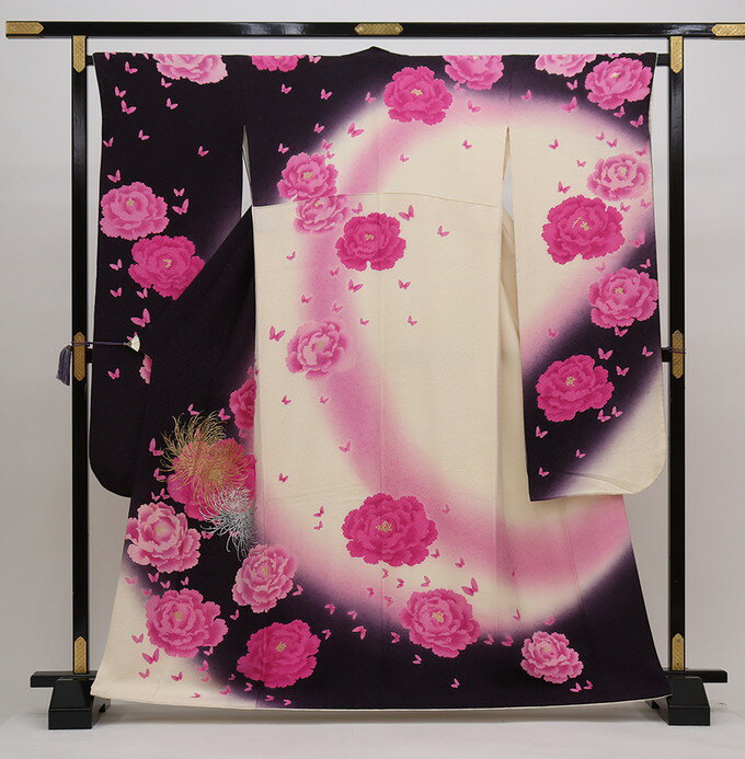 乐天商城 - ◇振袖【中古】オフホワイト×茶紫系・銀通し　花爛漫・牡丹【状態ランクB】