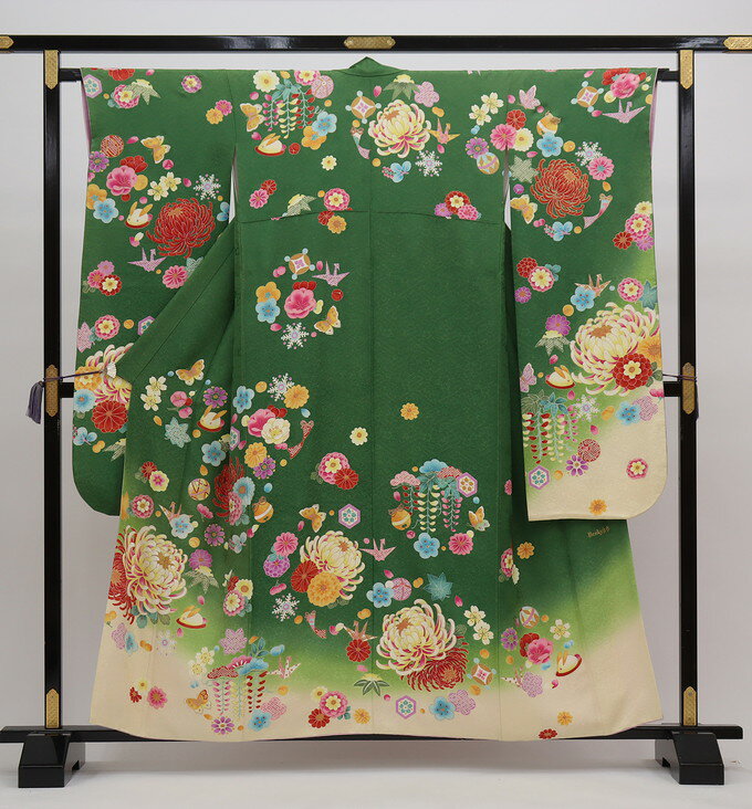 訳アリ特価◇振袖【中古】グリーン×クリームイエロー・うっすら金通し【状態ランクC】※ヤケ点在※