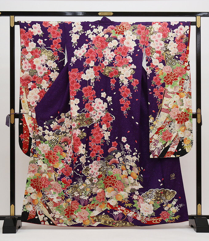 乐天商城 - ◇振袖【中古】濃い紫系・銀通し　桜爛漫　大正ロマン風【状態ランクB】
