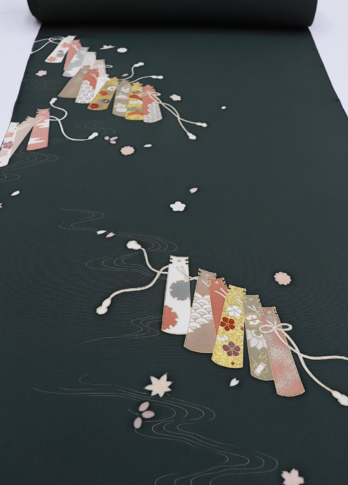 乐天商城 - 反物　附下◆正絹◆【丹後ちりめん】深緑系　刺繡入り　手描き友禅◇巾約37.5cm
