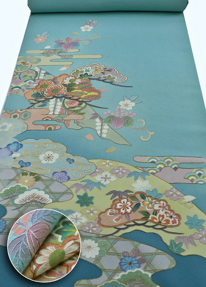 乐天商城 - 【中国民族工芸　蘇州刺繍】◆附下反物◇正絹【濱ちりめん】ブルーグリーン系・青銅色◆巾約37.5cm　※若干訳あり(画像参照)※