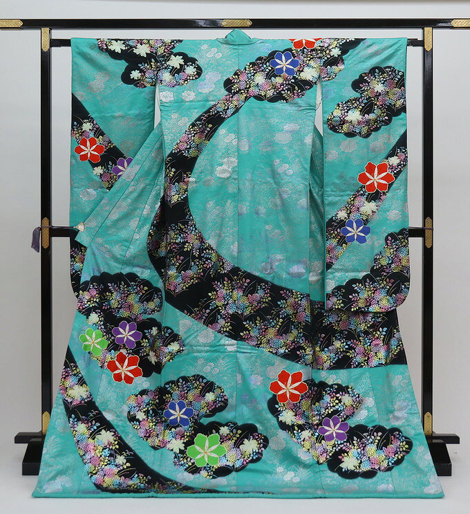◇大振袖・引き振袖 【中古】エメラルドグリーン系　古典調・花【状態ランクBC】婚礼衣装◇