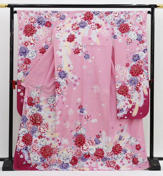 大きめサイズ【当店厳選★振袖】お仕立上り【新品】◆【丹後ちりめん】ピンク系　華爛漫　銀通し【正絹】