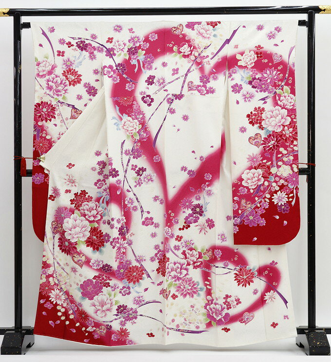【当店厳選★振袖】お仕立上り【新品】◆【丹後ちりめん】オフホワイト地・ショッキングピンク系　華爛漫・ハート　銀通し【正絹】