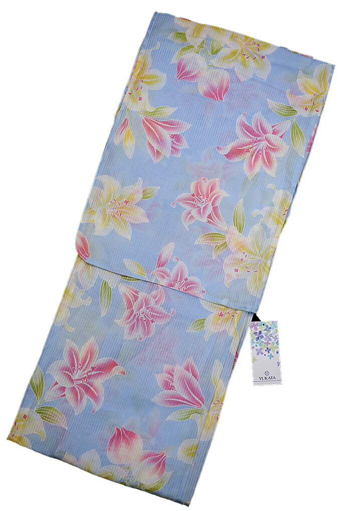 Striped - ◆涼し気な変り織浴衣◆◇女性 フリーサイズ（M-Lサイズ相当）◇綿100%【新品】ペールブルー系　カサブランカ