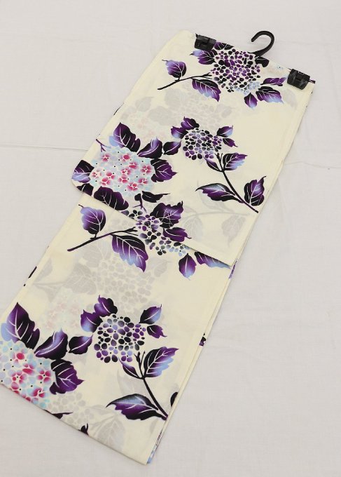 ◆平織り・フラット浴衣◆◇女性 M-Lサイズ◇綿100%【新品】薄クリーム色系　紫陽花
