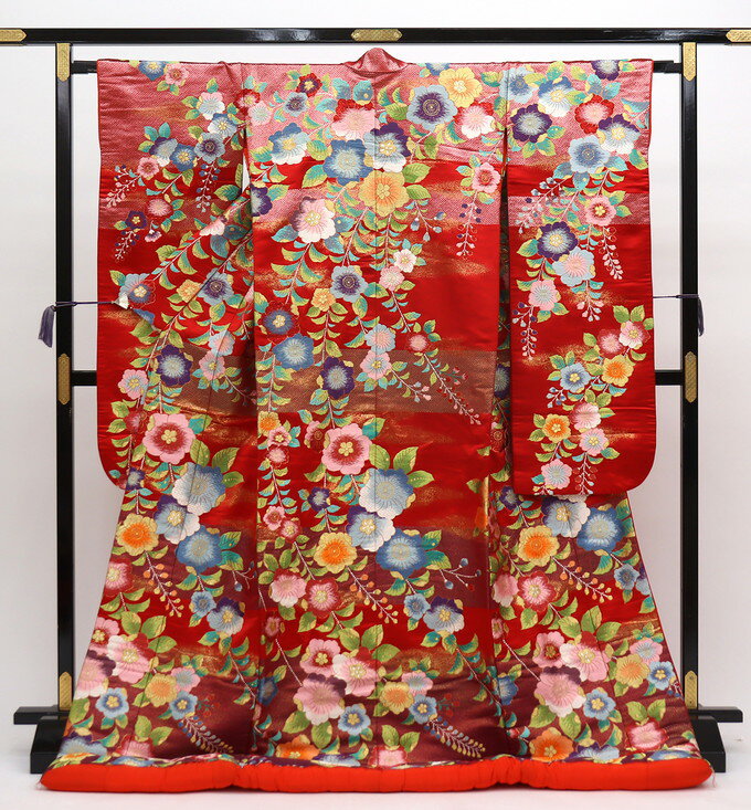 乐天商城 - ★色打掛　赤系・ラメ入　辻が花・桃山桜花文【中古】◇【状態ランクB】◆