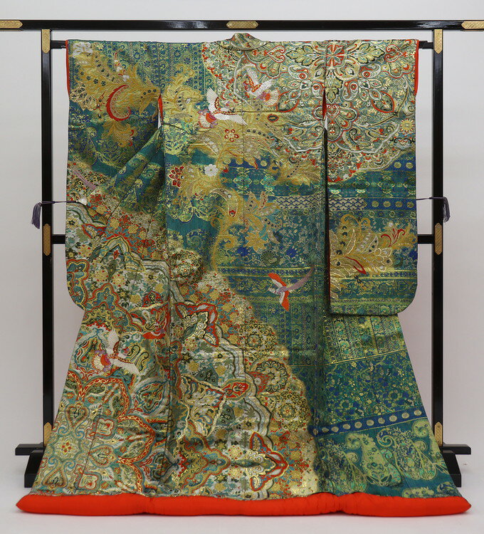 乐天商城 - 色打掛【中古】正絹◇青緑×くすみゴールド系　麗華更紗紋様【状態ランクB】