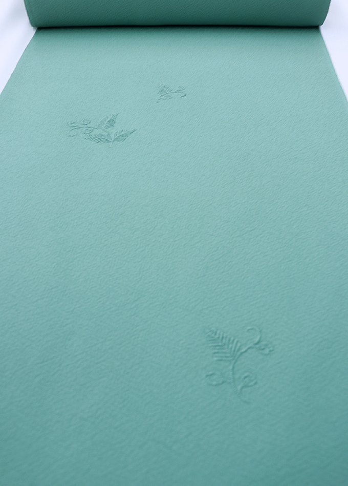 乐天商城 - 【汕頭刺繍入】附下調色無地　反物◇正絹【濱ちりめん】◆浅葱（あさぎ）色系　葉っぱ柄◆巾約37.0cm