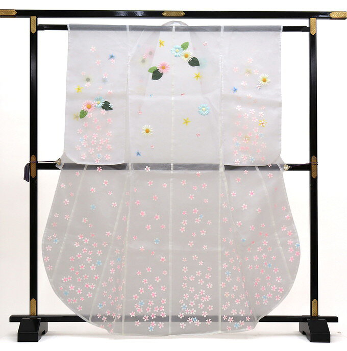 【希少入荷】女の子用きもの　オーガンジー打掛【身長120〜130cm前後】ポリエステル◆きもの単品　※掛下などは付属しません※【リサイクル品】◆透かし白色