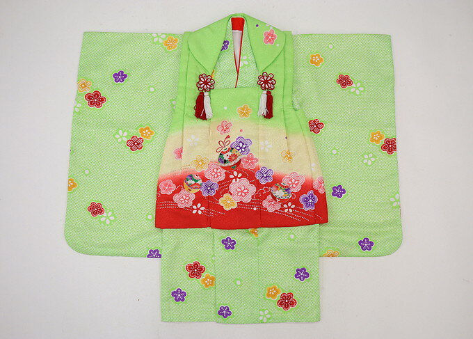 乐天商城 - 女の子用【3歳用　三つ身・被布セット】◆ポリエステル　襦袢なし【リサイクル品】◆黄緑系　梅　絞り風★♪♪レンタルより安い♪♪　※訳アリ　画像参照※