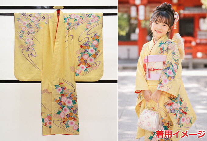 樂天商城 - 【リサイクル特価】女の子用【7歳用】◆襦袢なし　四つ身単品【リサイクル・中古品】◆イエローベージュ系　花爛漫【肩上げ済】