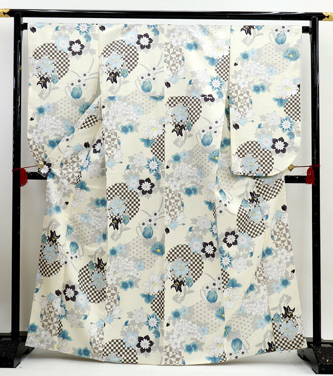 樂天商城 - ◇二尺袖　【新古品】薄クリーム色地・ターコイズブルー　花爛漫　ポリエステル【フリーサイズ相当】◆袴に合わせて♪