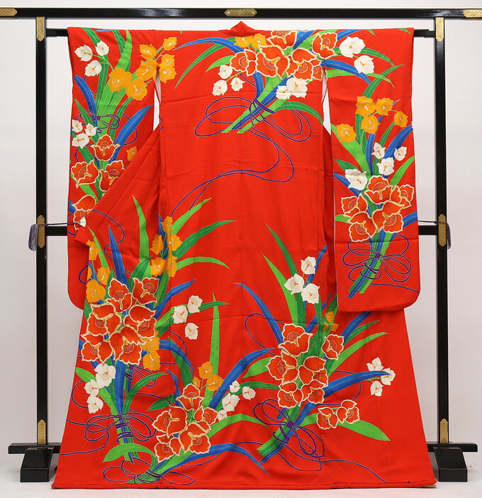 乐天商城 - ◇大振袖・引き振袖 　ポリエステル【中古】朱赤色　ちりめん調　大柄の花【状態ランクB】婚礼衣装◇