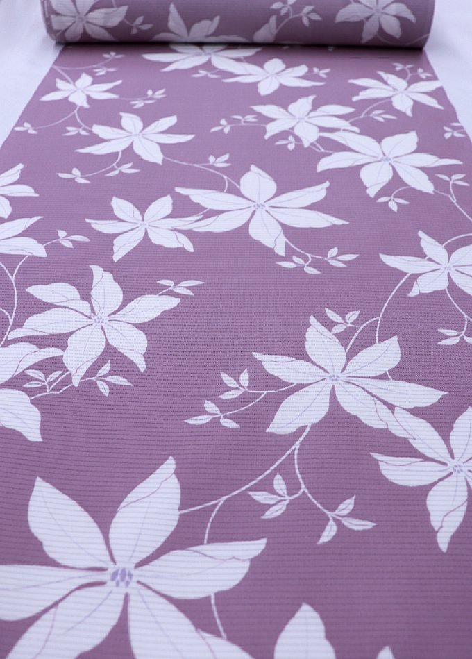 【絽】夏　反物◆正絹◆【日本の絹】京紫色（きょうむらさき）系　ボタニカルな花柄◆巾約38cm