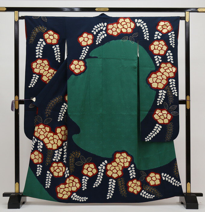 樂天商城 - ◇振袖【中古】濃紺×グリーン　古典調・部分絞り　紋意匠【状態ランクB】