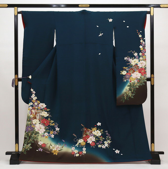 樂天商城 - 【小さめサイズ】◇振袖【中古品】ブルーグリーン系・ブラウン　花車◆正絹◆【状態ランクB】シンプル振袖