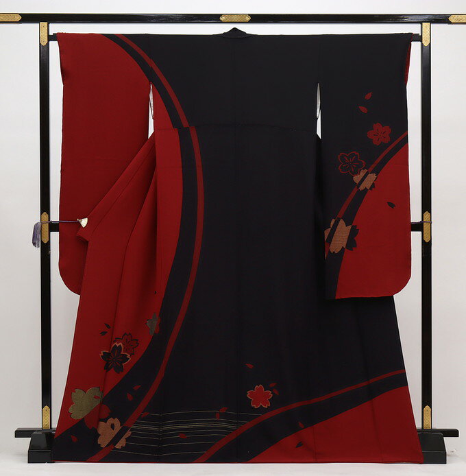 乐天商城 - ◇振袖【中古】赤×チャコールグレー系　桜【状態ランクB】シンプル振袖
