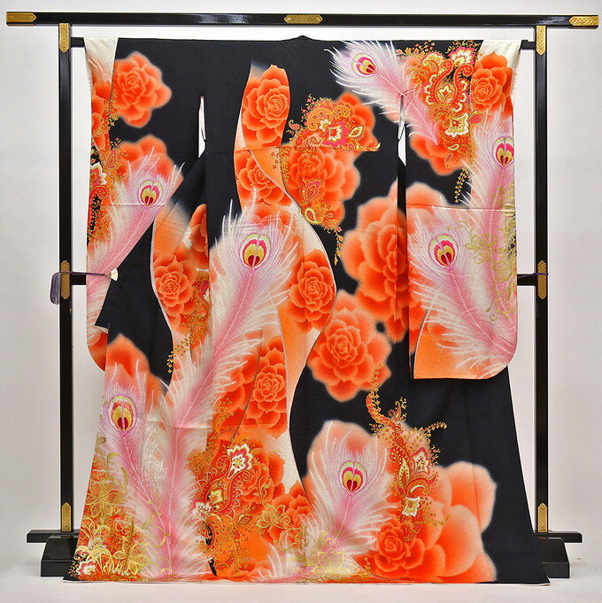 個性派きもの◇振袖【中古品】白地×黒×オレンジ系・金通し　羽根【正絹】◆豪華絢爛【状態ランクB】