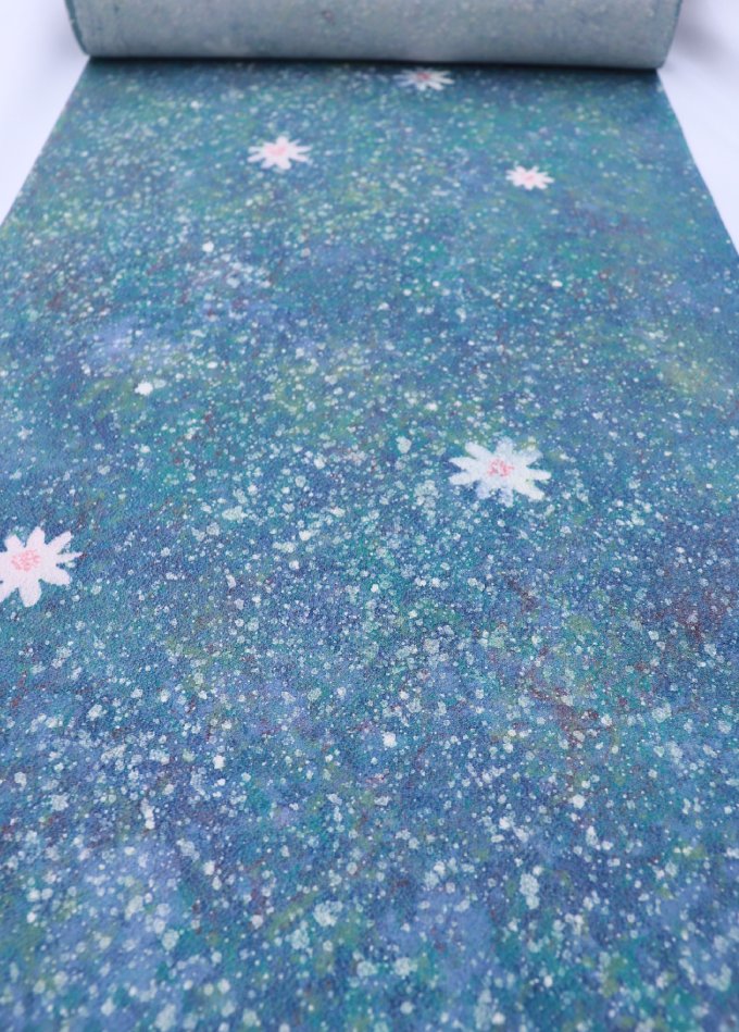 【巾短め】反物◇着尺◆正絹【樹想譜】青緑色系　花柄　飛び柄小紋　たたき風◆幅約35.5cm