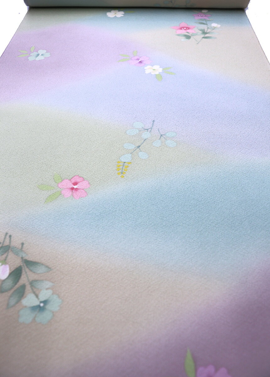 反物◇着尺◆正絹【濱ちりめん】薄水色×黄色×薄紫ぼかし　花◆幅約37.0cm