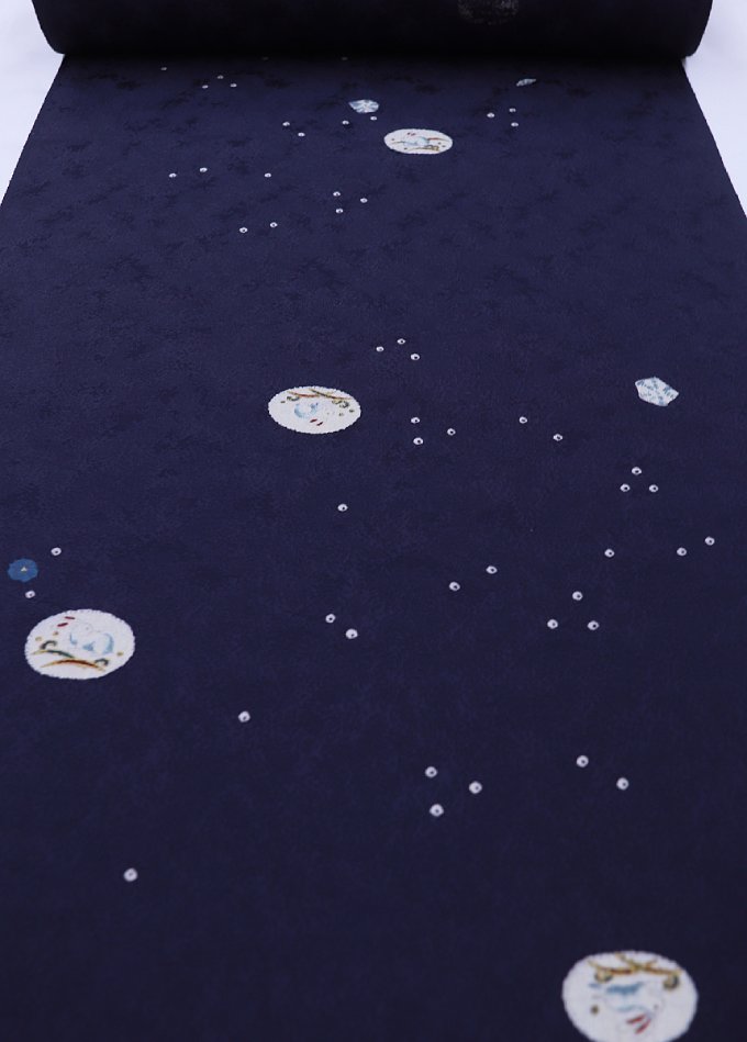反物◆小紋着尺　正絹【丹後ちりめん】紺系　うさぎ◆巾約38.5cm