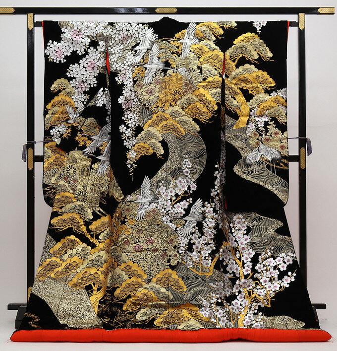 樂天商城 - 色打掛【中古】正絹◇黒地・ベルベット　松に桜・飛翔鶴【状態ランクB】