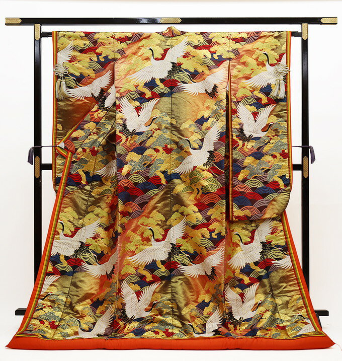 色打掛【中古】正絹◇朱赤×金系　飛翔鶴・八重重ね【状態ランクB】