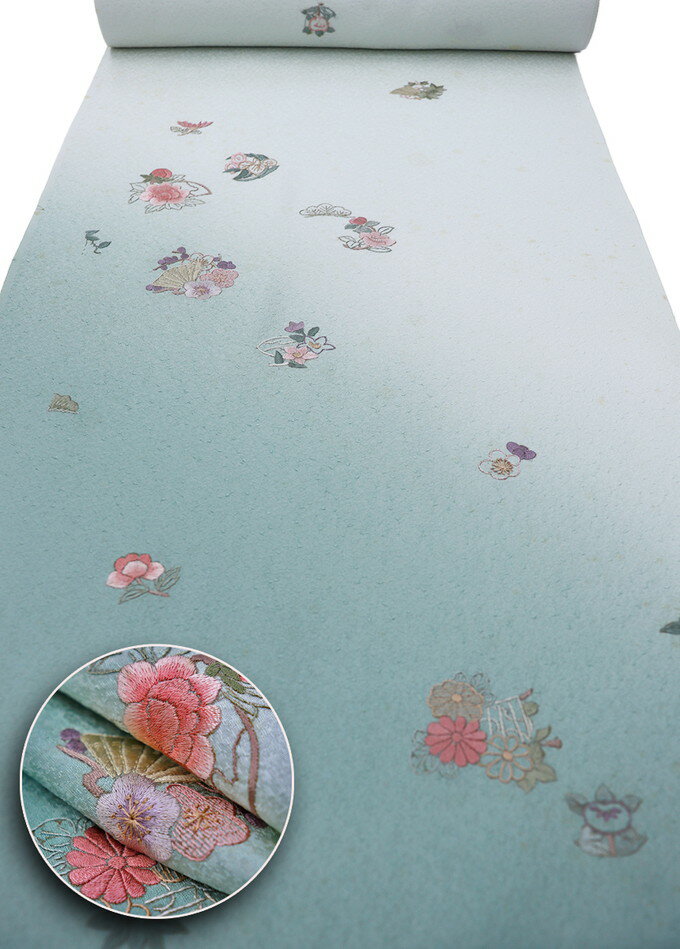 【中国伝統工芸　蘇州刺繍】反物　附下正絹◆【丹後ちりめん】淡い薄ミントグリーン色地　季節の花柄◆巾約37.0cm　※訳あり特価(画像参照)※