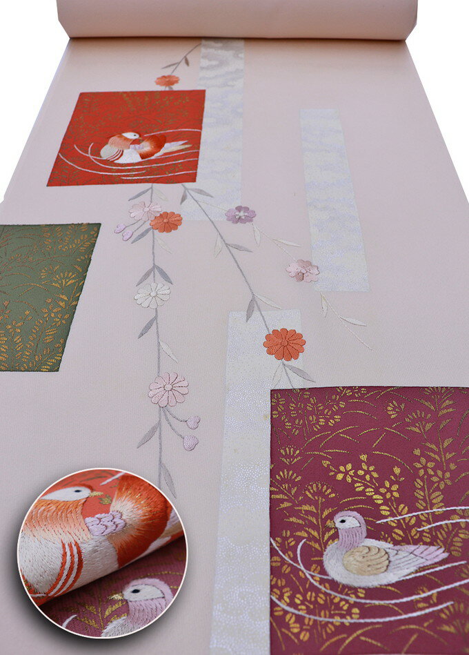 樂天商城 - 【訳有り特価】【蘇州風刺繍】附下　反物◇正絹　井藤正製【丹後ちりめん】薄淡いピンク系・肌色　鴛鴦◆巾約36.0cm